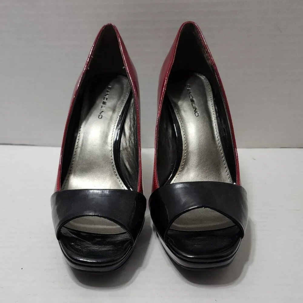 Bandolino Crepita Heels Peep Open Toe Heels - Red & Black Patent - Size 7 - Picture 2 of 7